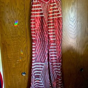 Red sequin flare pants